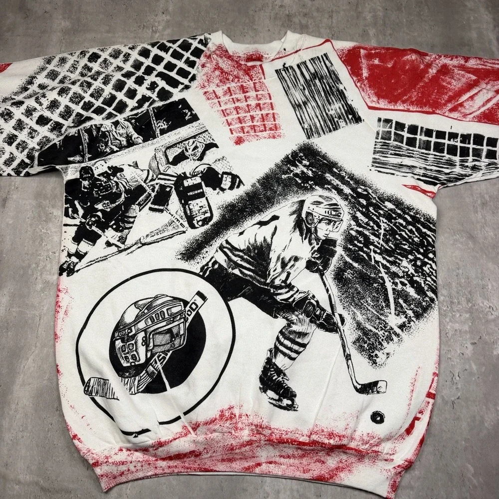 Vintage 80s 90s All Over Print Hockey NHL Sweatshirt Size XL AOP Made In USA